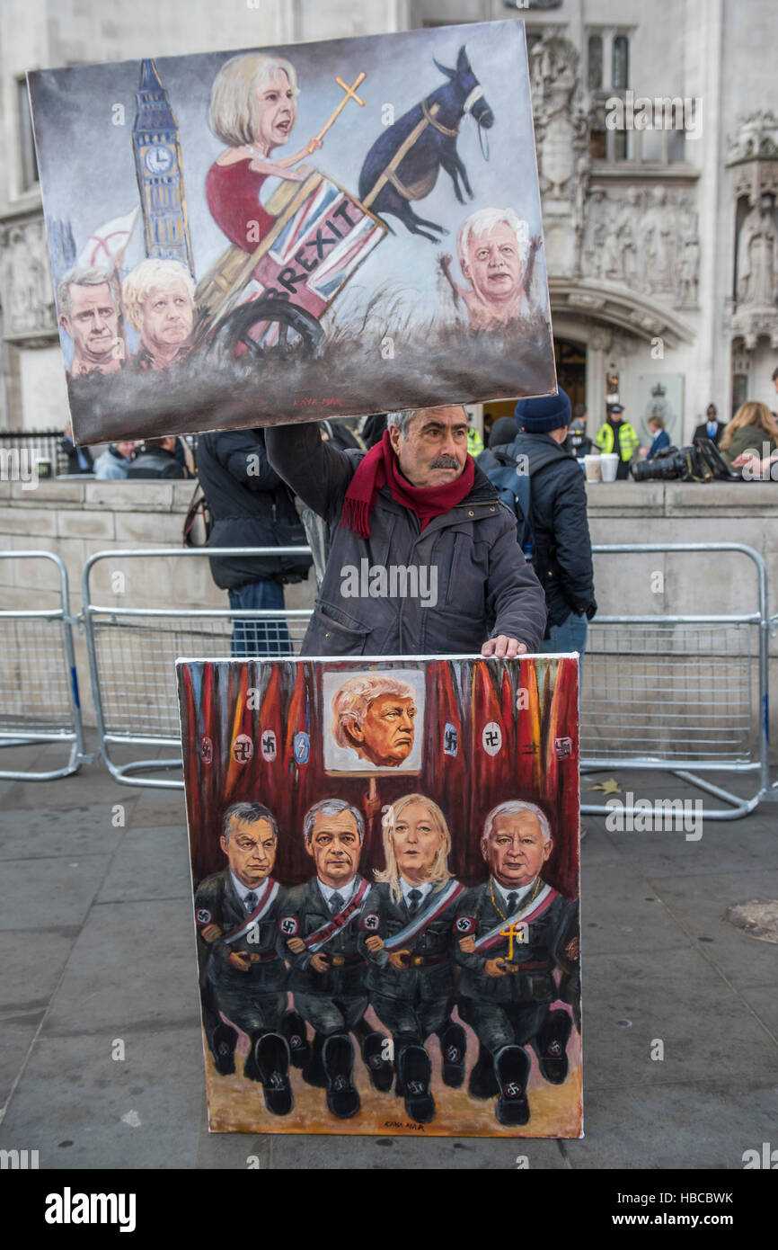 London, UK. 5th Dec, 2016. Satirical artist Kaya Mar with his latest works - The Supreme Court starts its hearing on the case for the Government using the Royal Prerogative to trigger Article 50 of the Lisbon Treaty, in order to start the UK's withdrawal from the EU. Against the Government are Gina Millar and her team backed by Charlie Mullins of Pimlico Plumbers. Credit:  Guy Bell/Alamy Live News Stock Photo