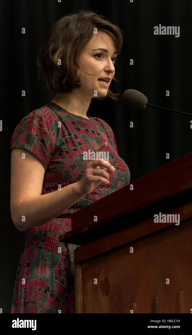Madison, New Jersey, USA. 04th Dec, 2016. Comedian, actress and founder of Can't Do Nothing, MILANA VAYNTRUB, addresses the Third Annual Sisterhood of Salaam Shalom Women's Leadership Conference at Drew University. The Sisterhood of Salaam Shalom is the first national network of Muslim and Jewish women to help build strong relationships between the two reliigions based on the development of trust and respect and the committment to wage peace and put an end to hate. © Brian Cahn/ZUMA Wire/Alamy Live News Stock Photo