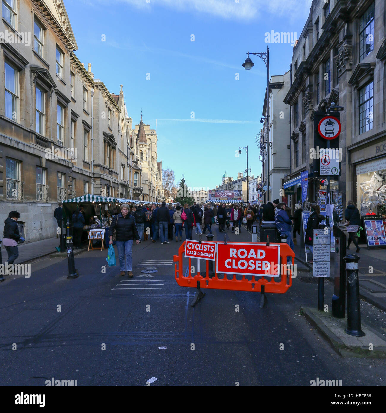 Broad Street, Oxford, United Kingdom, December 04, 2016: Arts and Crafts Market with open stalls on Broad Street temporary closed for traffic, Oxford. Stock Photo
