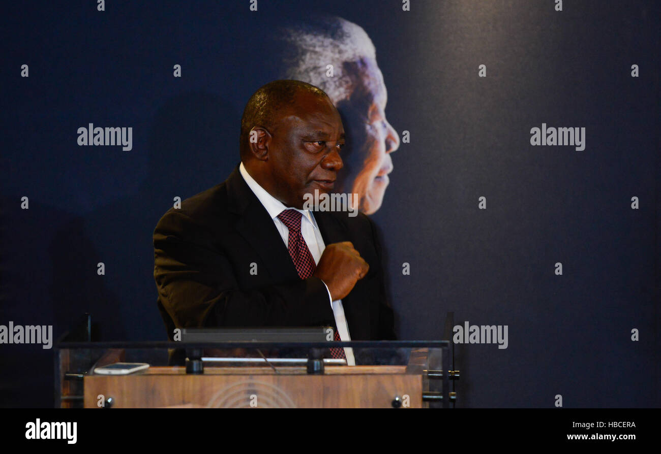 Johannesburg, South Africa. 5th December, 2016. South African Vice President Cyril Ramaphosa speaks during an event commemorating the third anniversary of former South African president Nelson Mandela's death in Johannesburg, South Africa. South Africans on Monday marked the 3rd anniversary of former president Nelson Mandela's death, vowing to honour his legacy by upholding his values and principles. Credit:  Zhai Jianlan/Xinhua/Alamy Live News Stock Photo