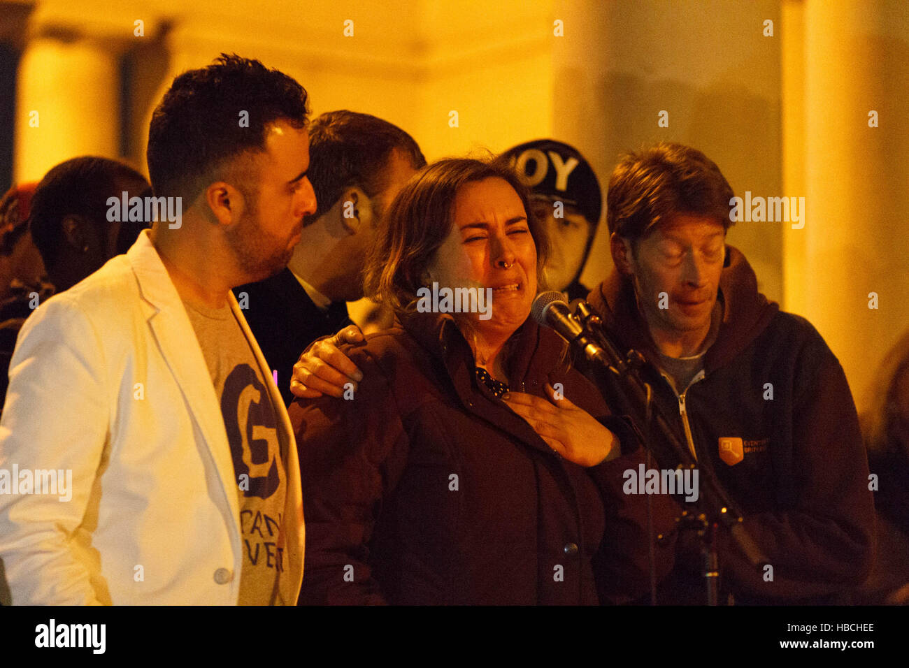 Oakland, USA. 05th Dec, 2016. A woman speaks about losing her partner in the fire. Credit:  John Orvis/Alamy Live News Stock Photo