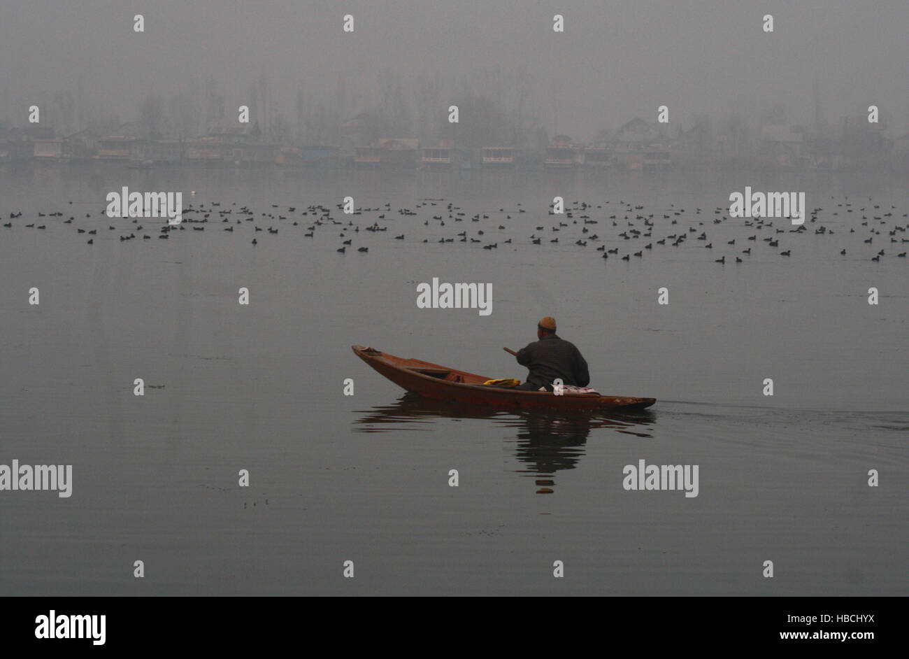 Srinagar, Indian Administered Kashmir.06 December.A kashmiri paddles his wooden boat near the migratory birds fly across the World Famous dal lake in Srinagar on Wednesday. Home to thousands of migratory birds, the world class Dal Lake. Nearly 5, 00000 migratory birds could be seen at the Dal Lake and Hokersar wetland. The birds from as far away as Siberia, Europe and Kazakhstan visit Kashmiri wetlands between September and April. ©Sofi Suhail/Alamy Live News Stock Photo