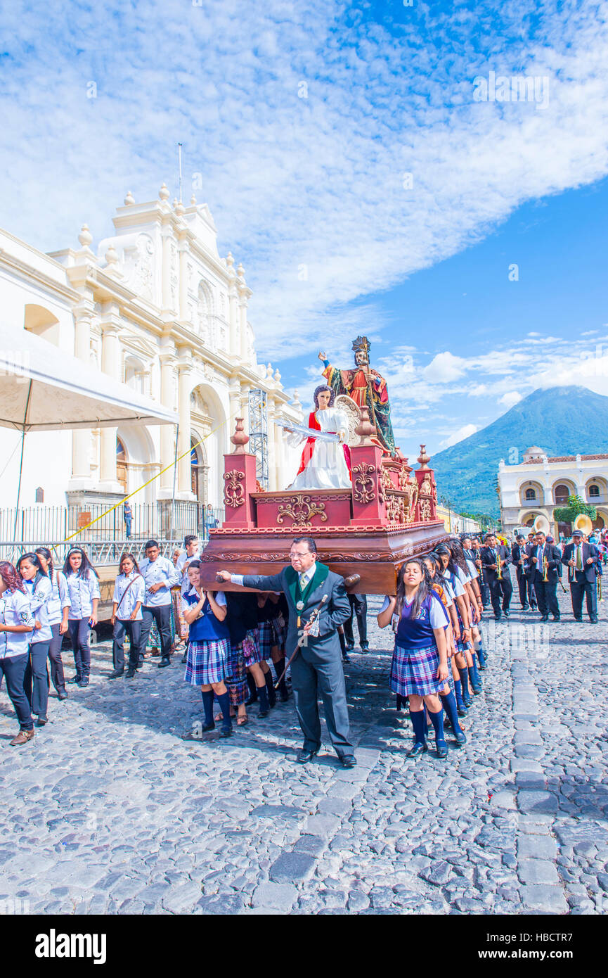 The Patron Saint of Antigua annual procession in Antigua Guatemala. Every year Antigua’s turn to honor its own Patron Saint James. Stock Photo