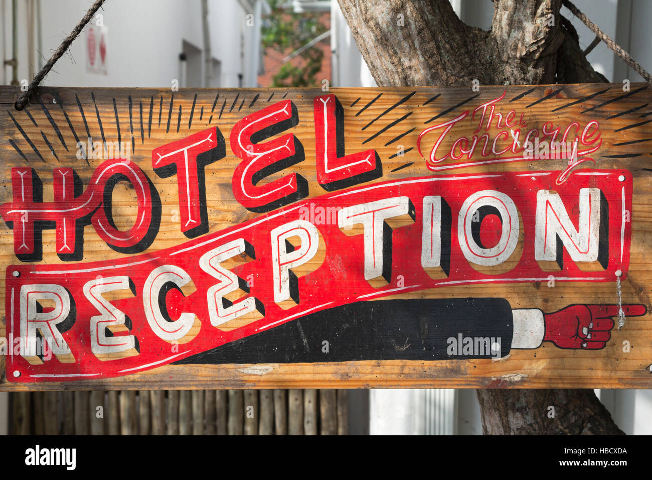 Freedom cafe at Concierge Boutique Bungalows, sign for reception, Durban, KwaZulu-Natal, South Africa, Stock Photo