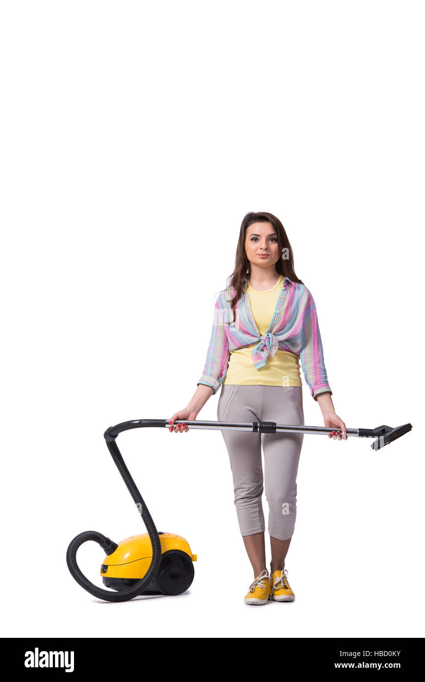 Woman with vacuum cleaner isolated on white Stock Photo - Alamy