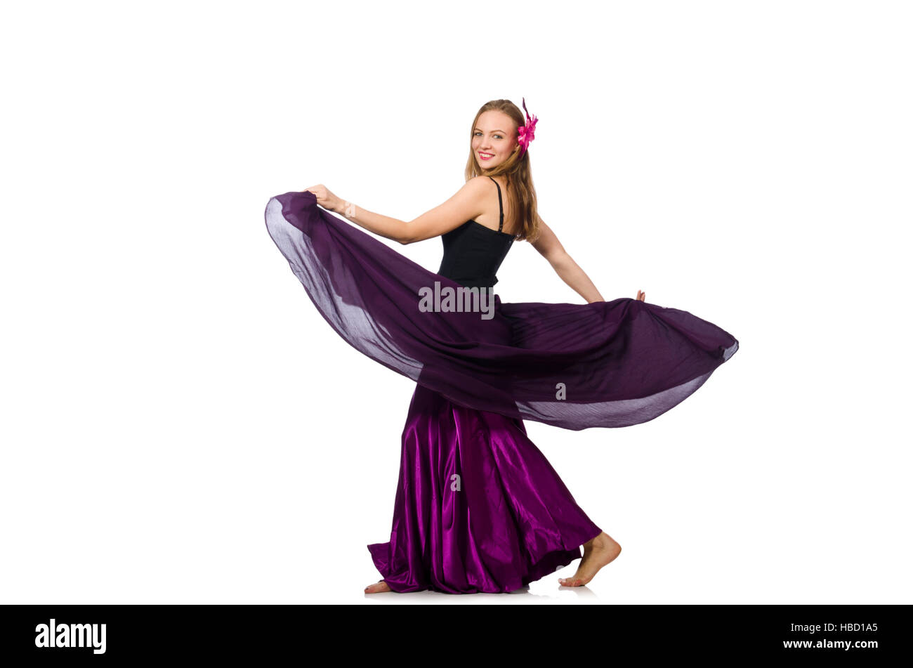 Woman in purple dress isolated on white Stock Photo - Alamy