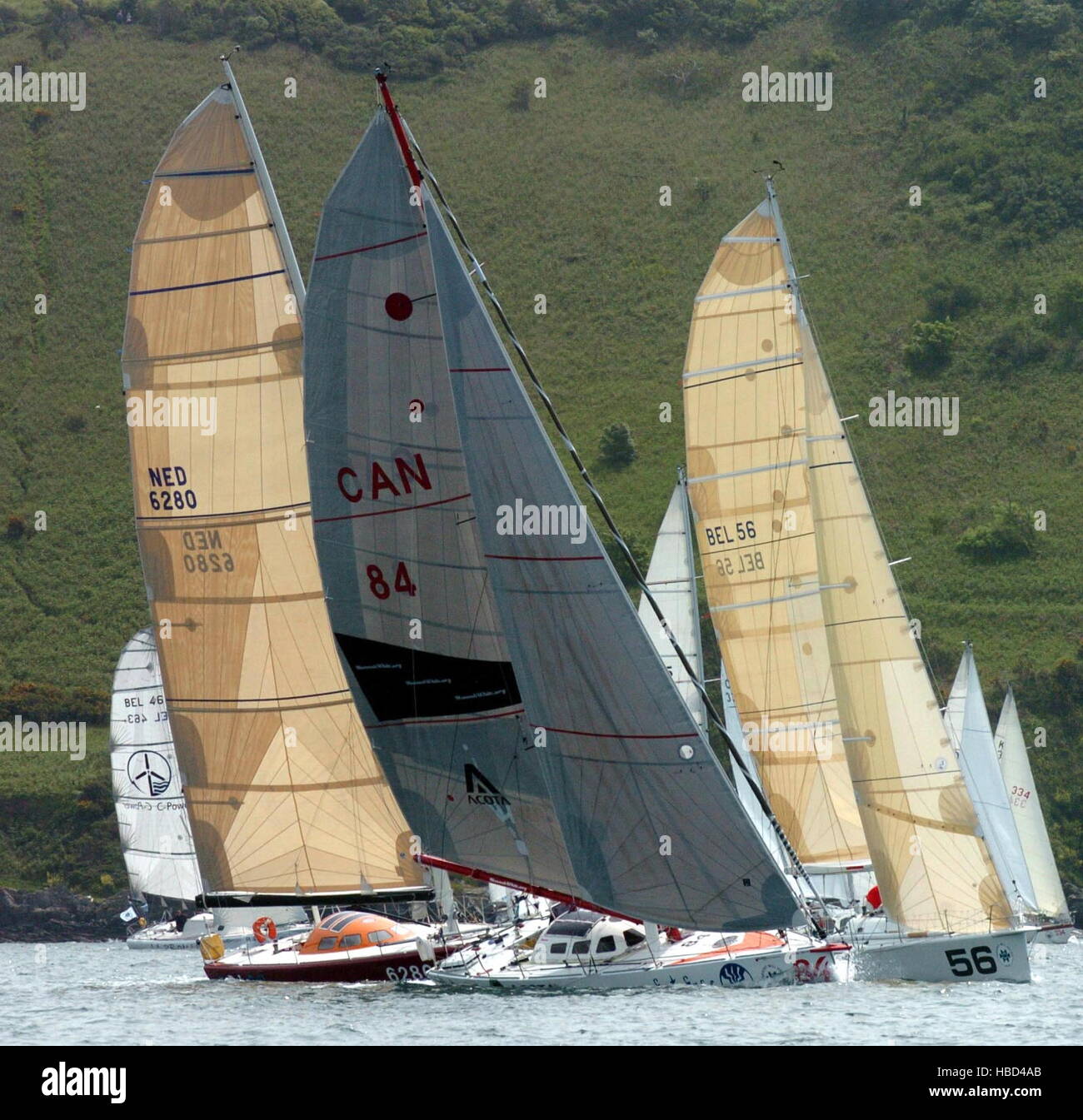 AJAXNETPHOTO. 29TH MAY, 2005. PLYMOUTH, ENGLAND. - FARADAY MILL OSTAR 2005 RACE - MONOHULLS STARTING THE 2005 RACE OFF PLYMOUTH TODAY. PHOTO:TONY CARNEY/ACME/AJAX REF:OSTAR07 Stock Photo