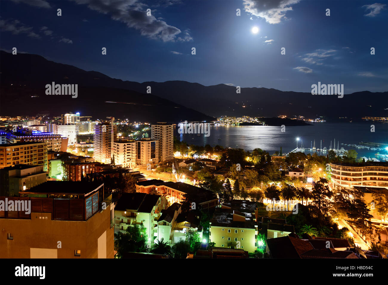 Budva city and bay at night, Montenegro, Europe. Street and moon light Stock Photo