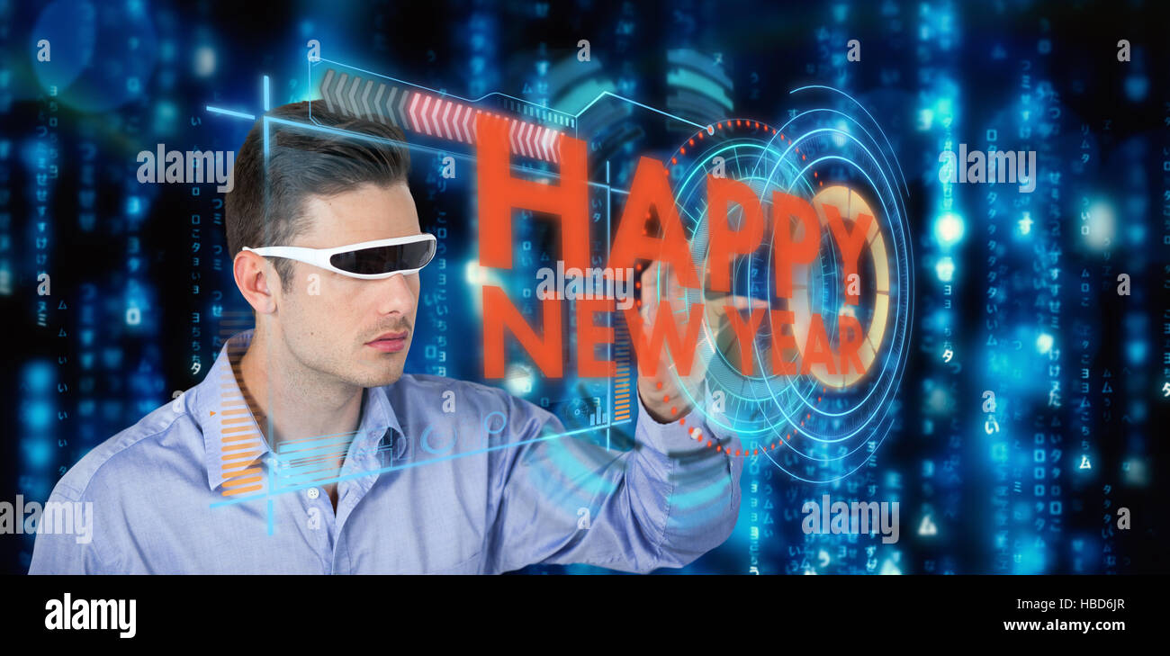 Composite image of man gesturing while using virtual video glasses Stock Photo