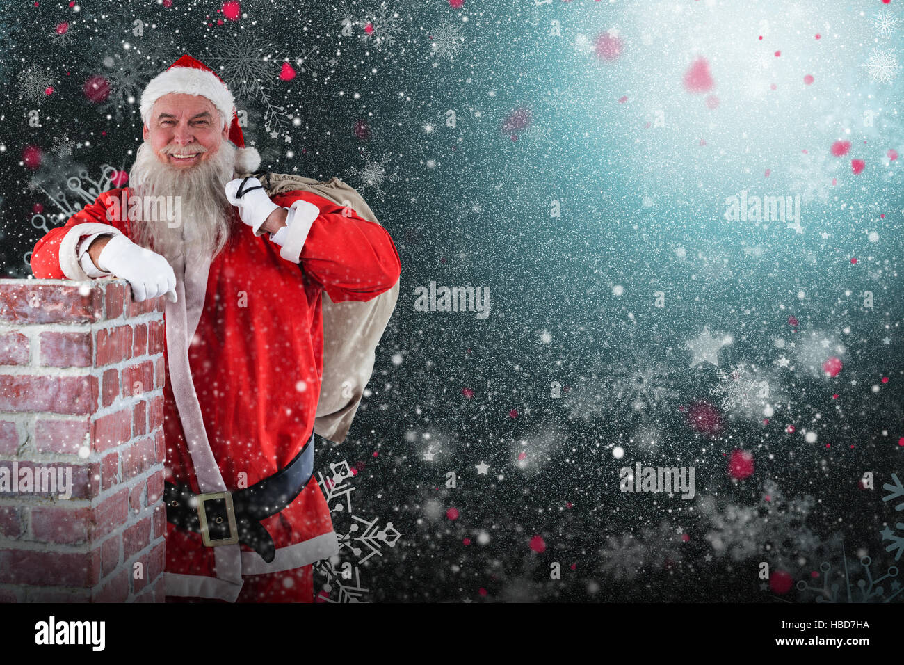 Composite image of portrait of santa claus carrying bag full of gifts ...