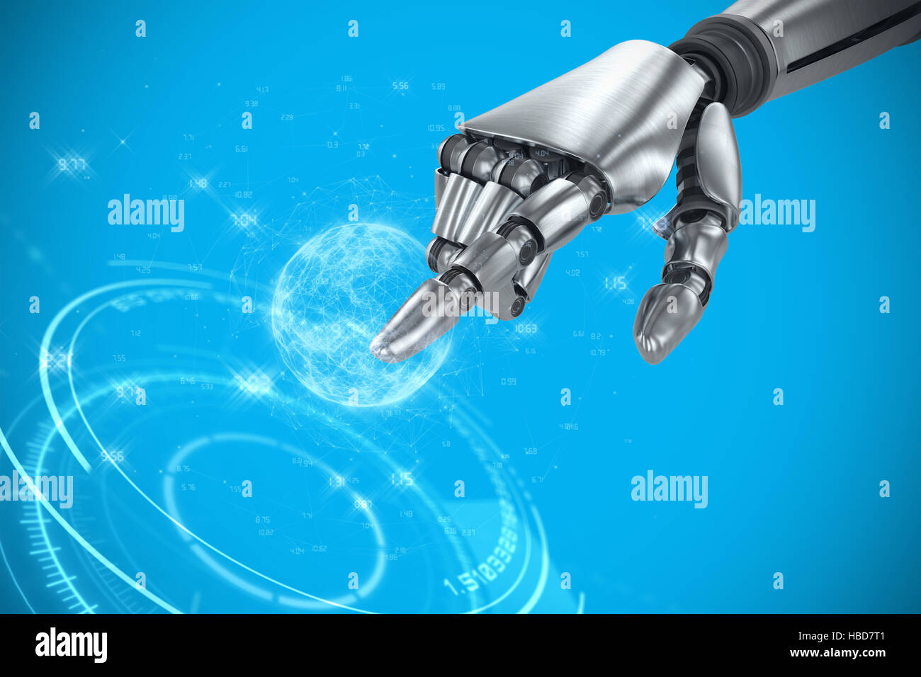 Composite image of silver robot arm pointing at something Stock Photo
