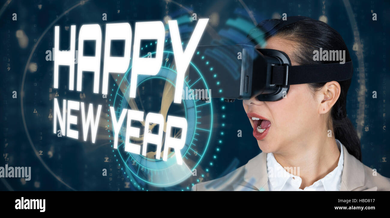 Composite image of close up of surprised businesswoman wearing virtual video glasses Stock Photo