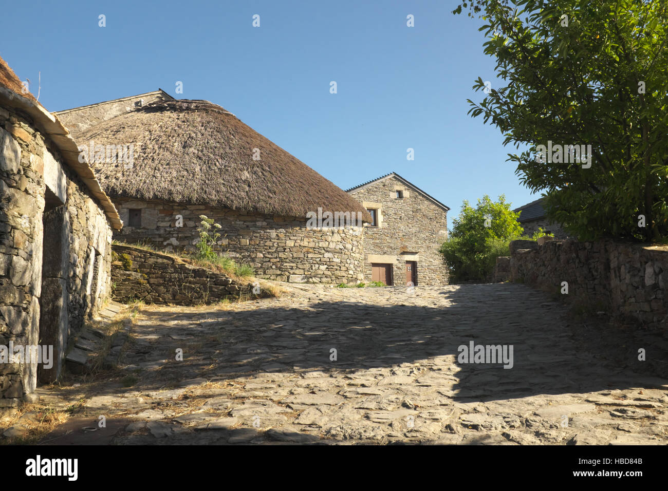 Traditional street in the mountain hamlet of Ocebeira, Galicia, Spain, known for its stone igloo thatched huts known as pallozas. Stock Photo