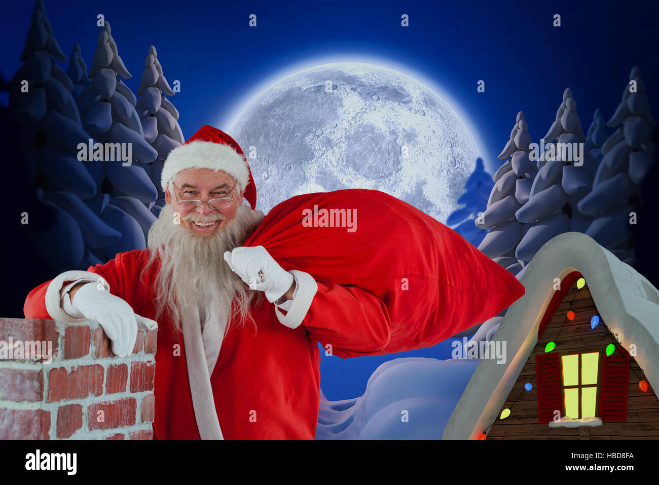 Composite image of portrait of santa claus carrying bag full of gifts Stock Photo
