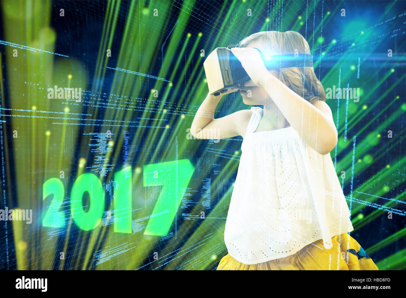 Composite image of girl wearing virtual reality simulator Stock Photo