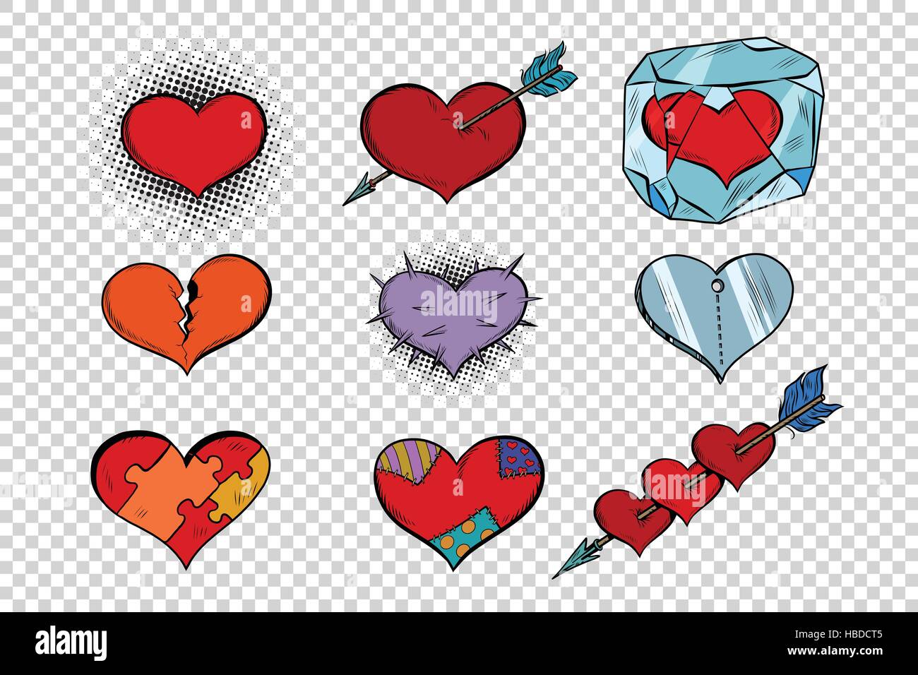 set of Valentine hearts on a transparent background Stock Vector