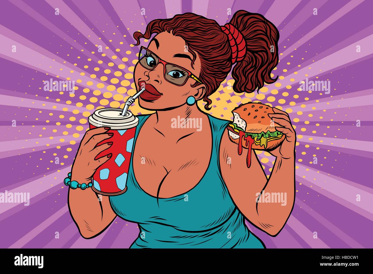 Young woman drinking Cola and eating Burger Stock Vector