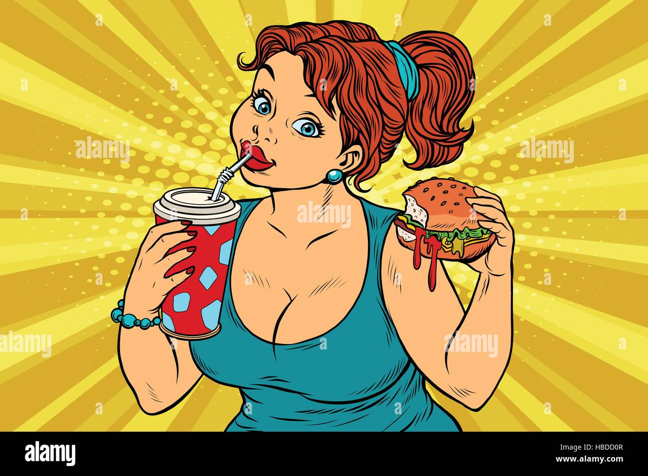 Young woman drinking Cola and eating Burger Stock Vector