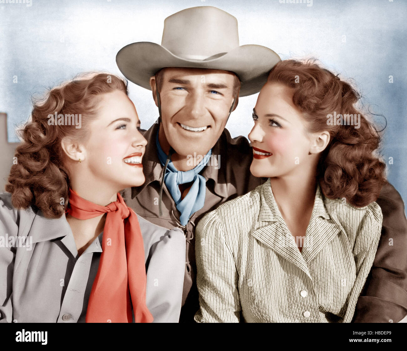 GUNFIGHTERS, from left: Barbara Britton, Randolph Scott, Dorothy Hart ...