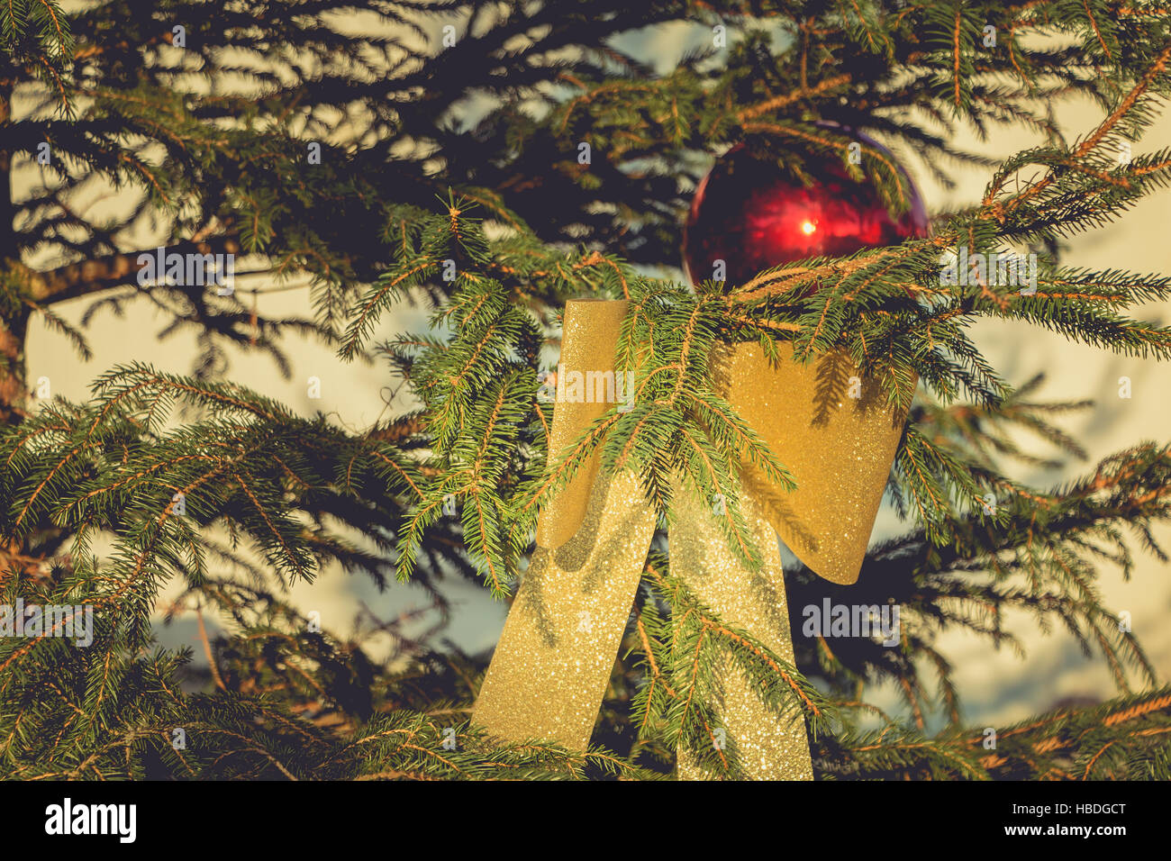 Golden knot hanging on a Christmas tree close up Stock Photo Alamy