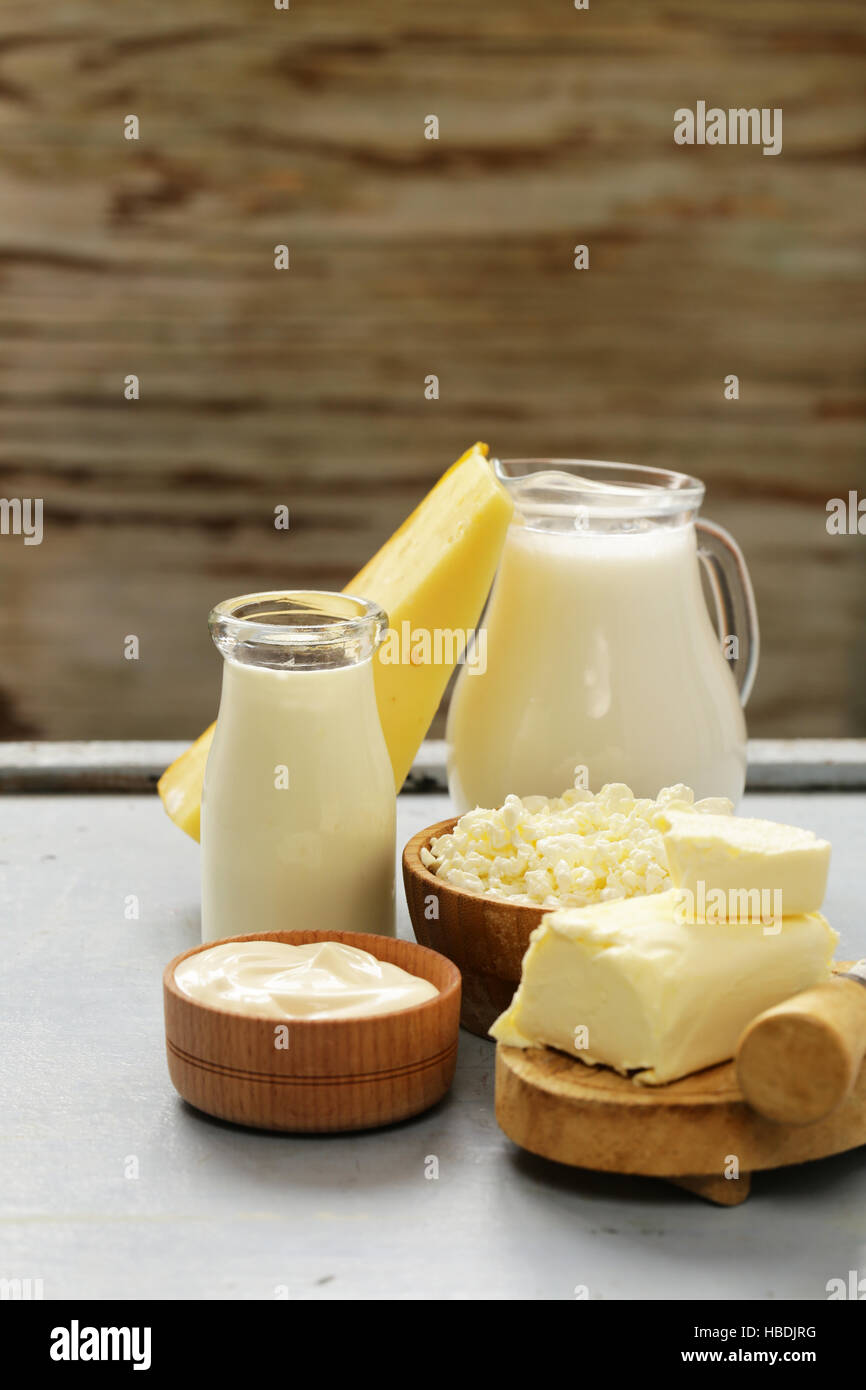 Assorted dairy products (milk, yogurt, cottage cheese, sour cream) rustic still life Stock Photo