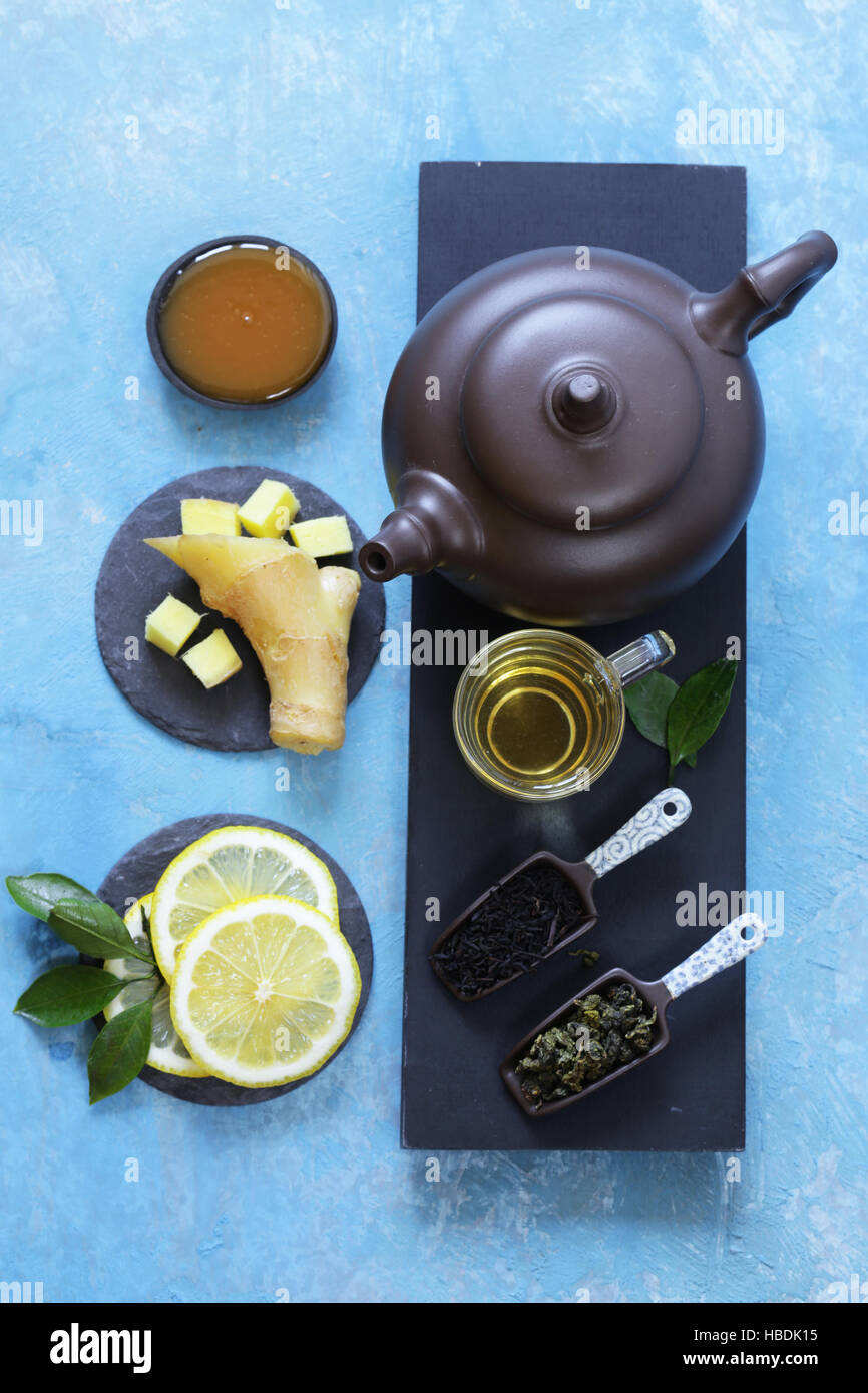 Tea set with ginger, lemon and honey Stock Photo - Alamy