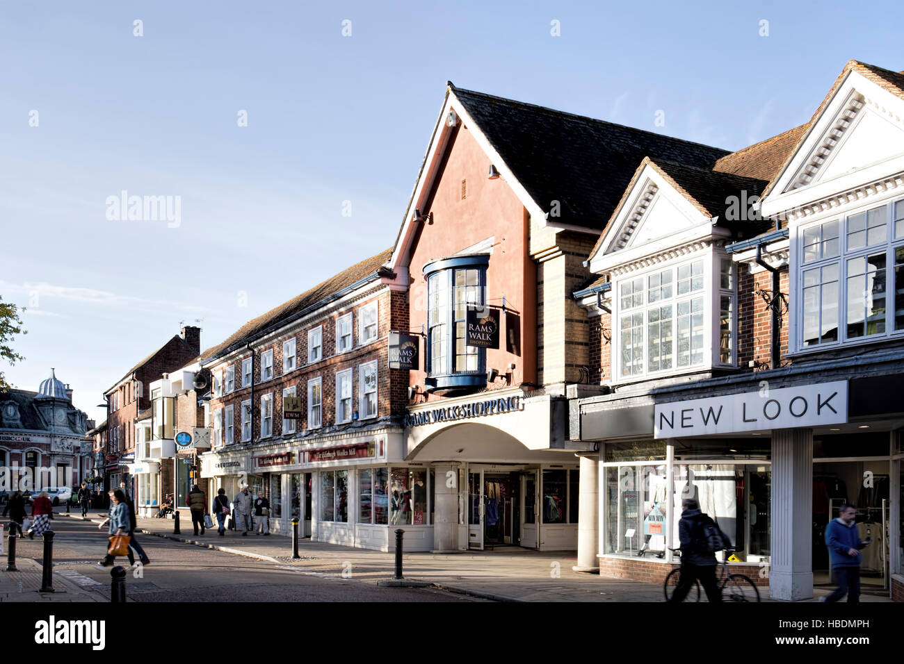 General view of High Street, featuring Rams Walk shopping arcade, Petersfield, a market town in Hampshire, England, UK Stock Photo