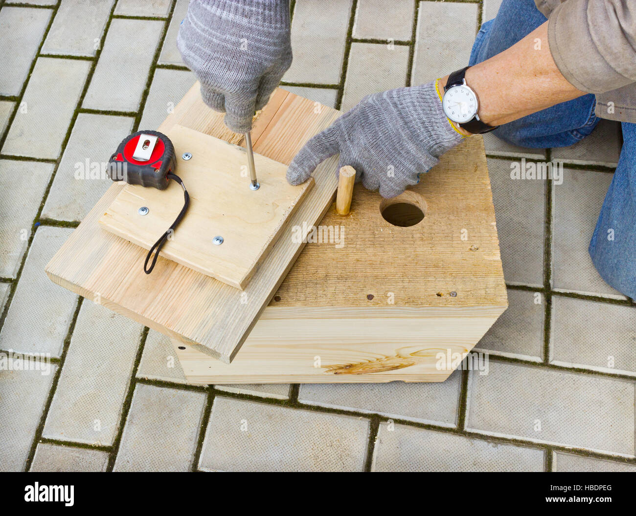 Making  birdhouse from boards Stock Photo