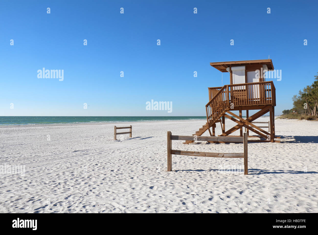 Lifeguard station on the white sand of Coquina Beach on Anna Maria Island near Bradenton, Florida Stock Photo