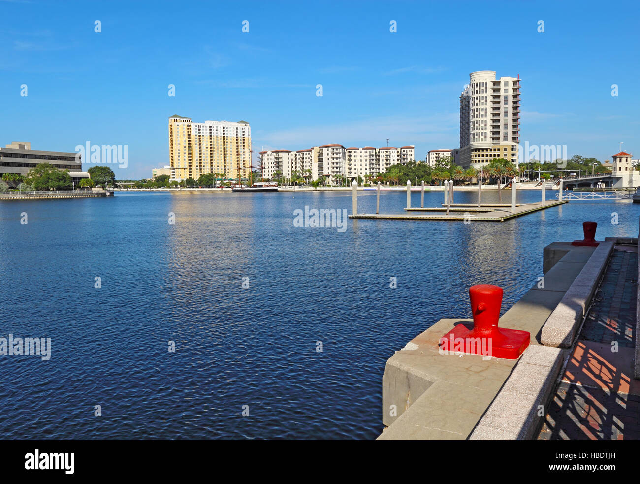 Partial skyline of Tampa, Florida with apartment and condominium buildings at the confluence of Seddon Channel and the Hillsborough River viewed from Stock Photo