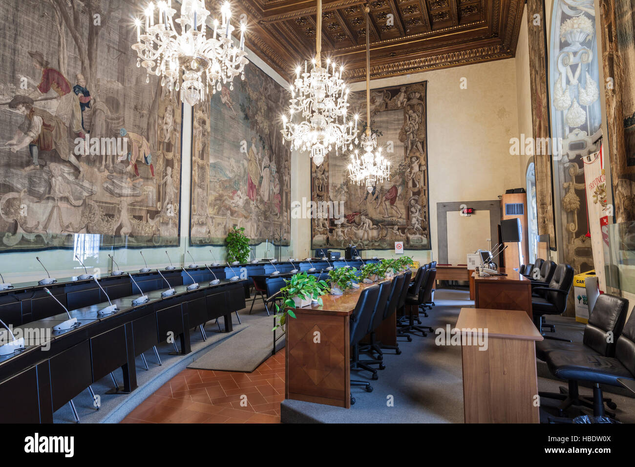 A room in the Palazzo Medici Riccardi in Florence, Italy. It is used for local government meetings. Stock Photo