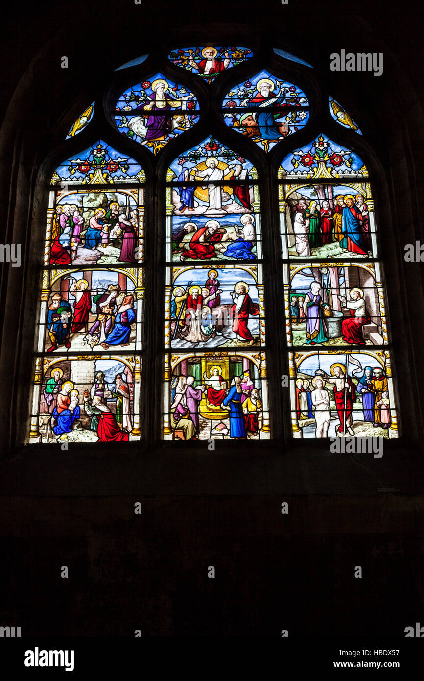 Biblical scenes on stained glass windows in Eglise Saint Aignan de Chartres Church, Chartres. Stock Photo