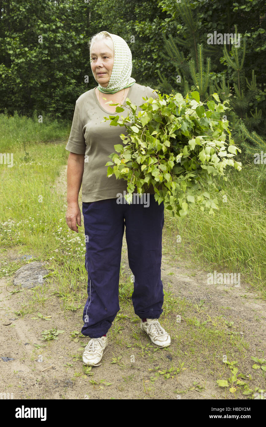 Mature beautiful woman prepares birch brooms Stock Photo