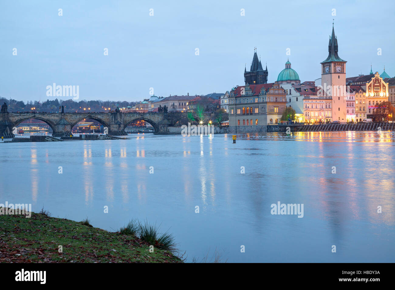 view of the Old Town over the River Vlatva from the island Střelecký ostrov, Prague, Czech Republic Stock Photo