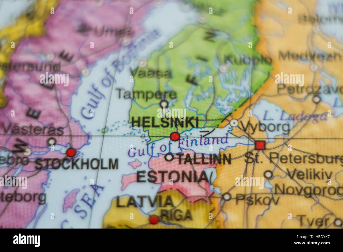 Beautiful photo of a map of Finland and the capital Helsinki . Stock Photo