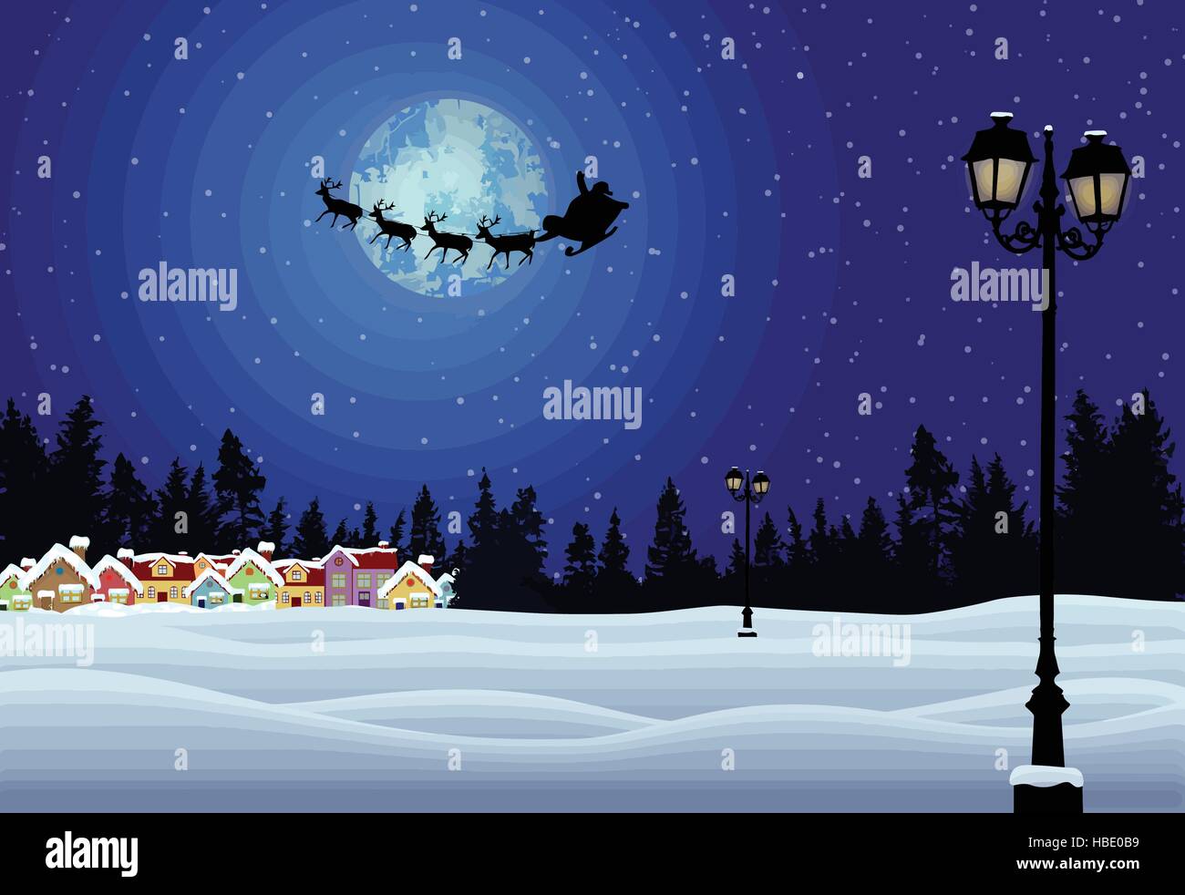 Santa's sleigh in front of full moon in beautiful snowy landscape Stock Vector