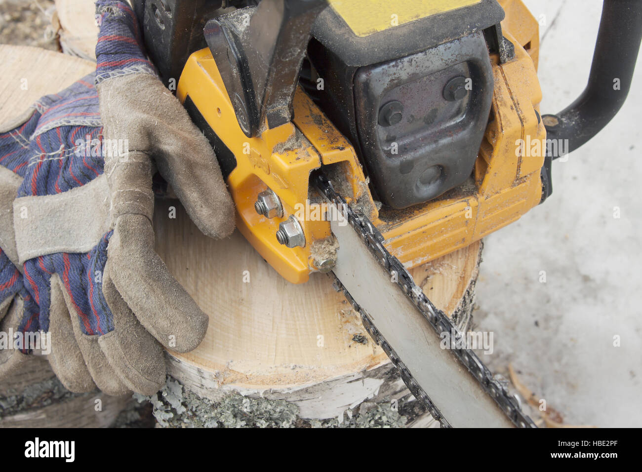 Firewood and a chainsaw with gloves Stock Photo Alamy