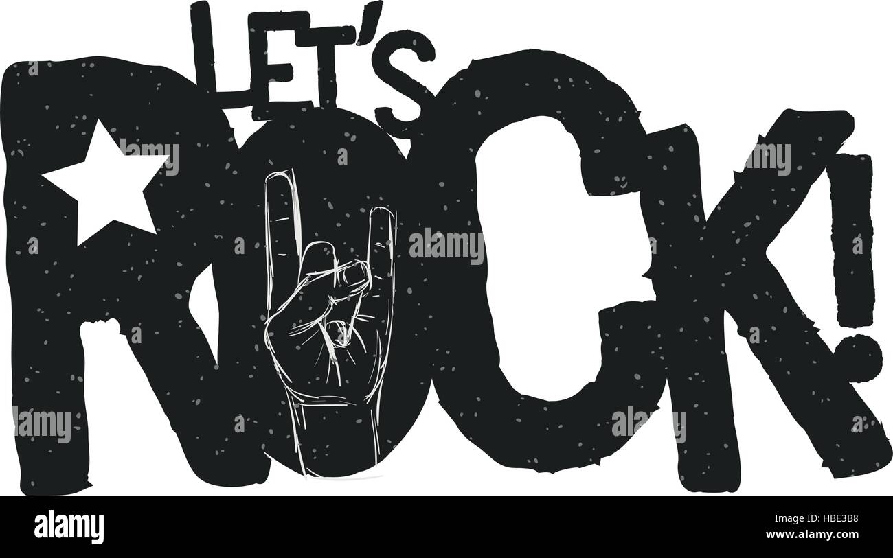 Let’s Rock! grunge typographic design for t-shirts, poster, flyer etc. Elements are layered separately in vector file. Global color used. Stock Vector