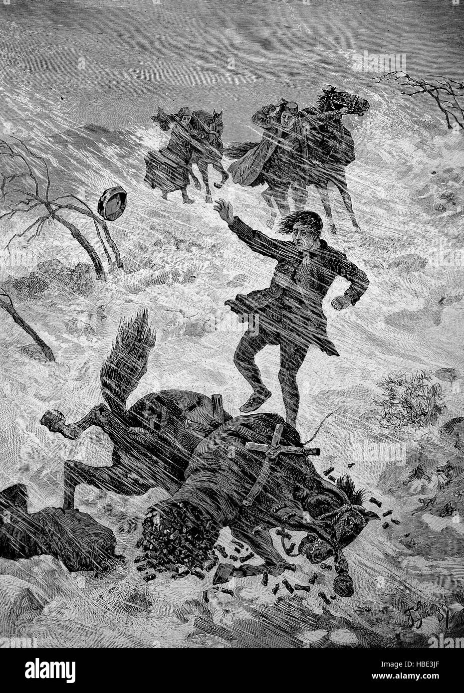 Coal merchants from Istria is caught in a storm, illustration, woodcut from 1880 Stock Photo