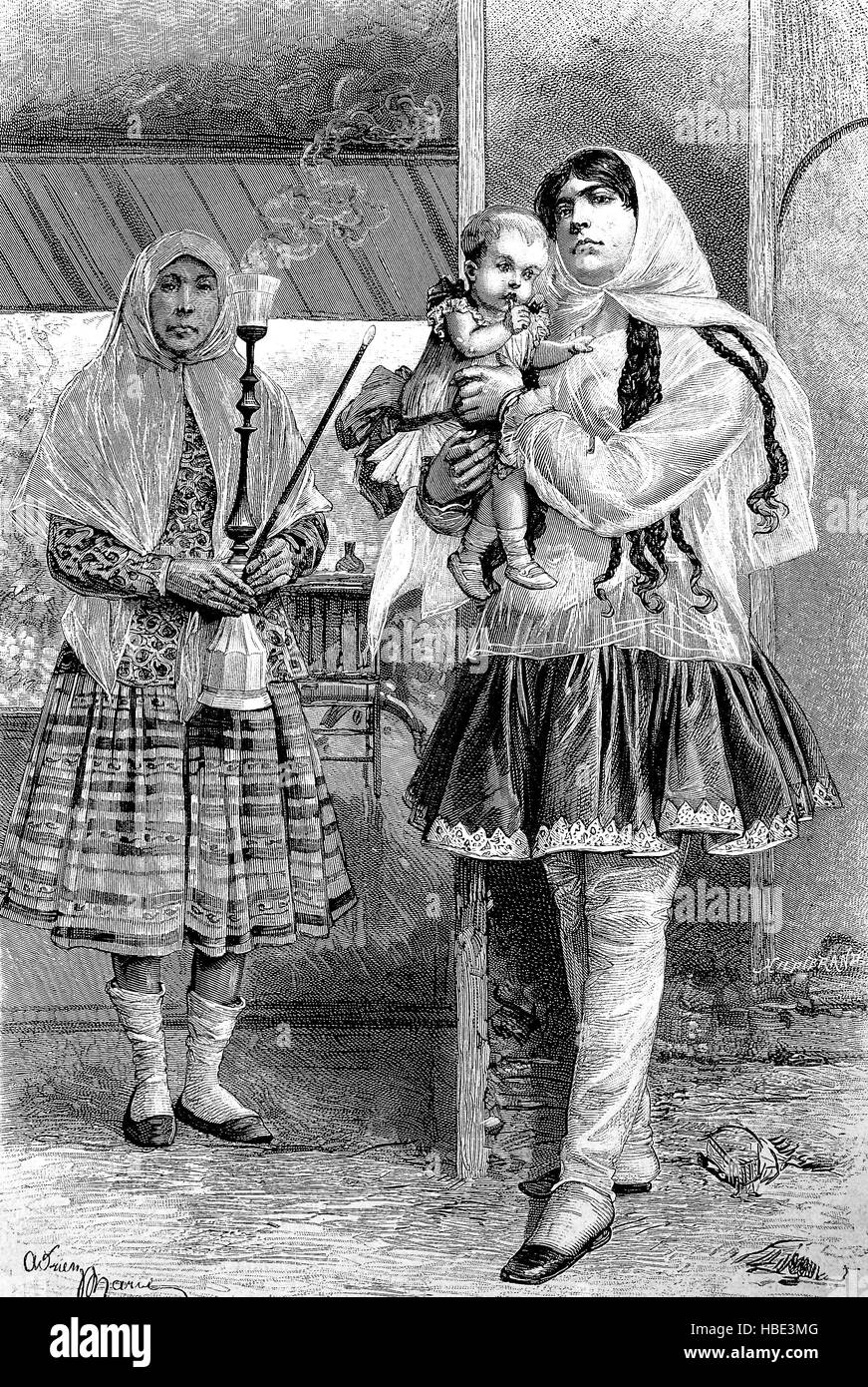 wet nurse in a muslim country, Kurdistan, in the 19. century, illustration, woodcut from 1880 Stock Photo