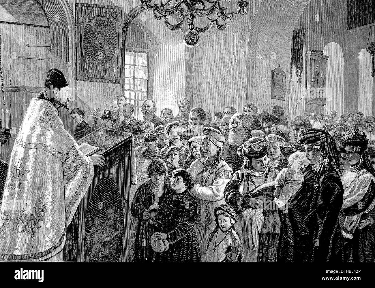 Worship in a Russian village church, Russia, illustration, woodcut from 1880 Stock Photo
