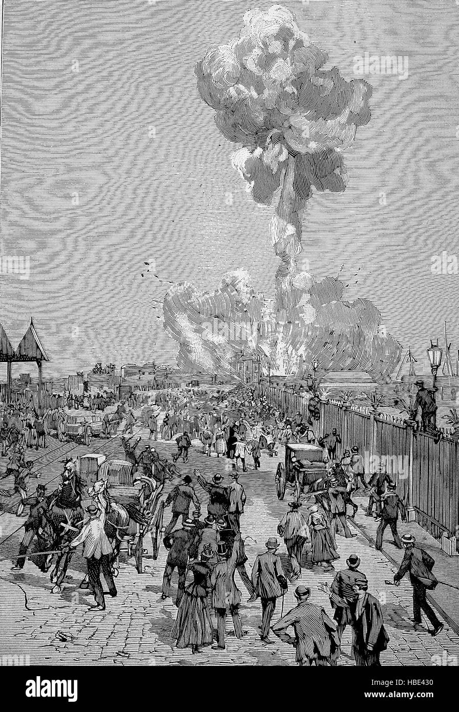 The explosion of the ammunition factory of Corvilain, near Antwerp, Belgium, on September 6, 1889, illustration, woodcut from 1880 Stock Photo
