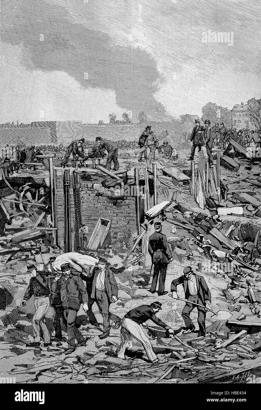 after the explosion of the ammunition factory of Corvilain, near Antwerp, Belgium, on September 6, 1889, illustration, woodcut from 1880 Stock Photo
