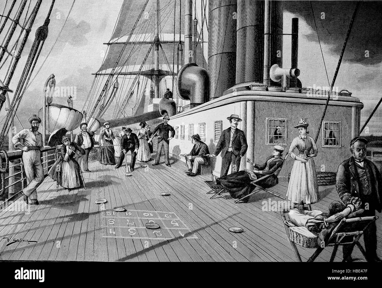 Playing shuffleboard on deck of a transatlantic steamer, illustration, woodcut from 1880 Stock Photo