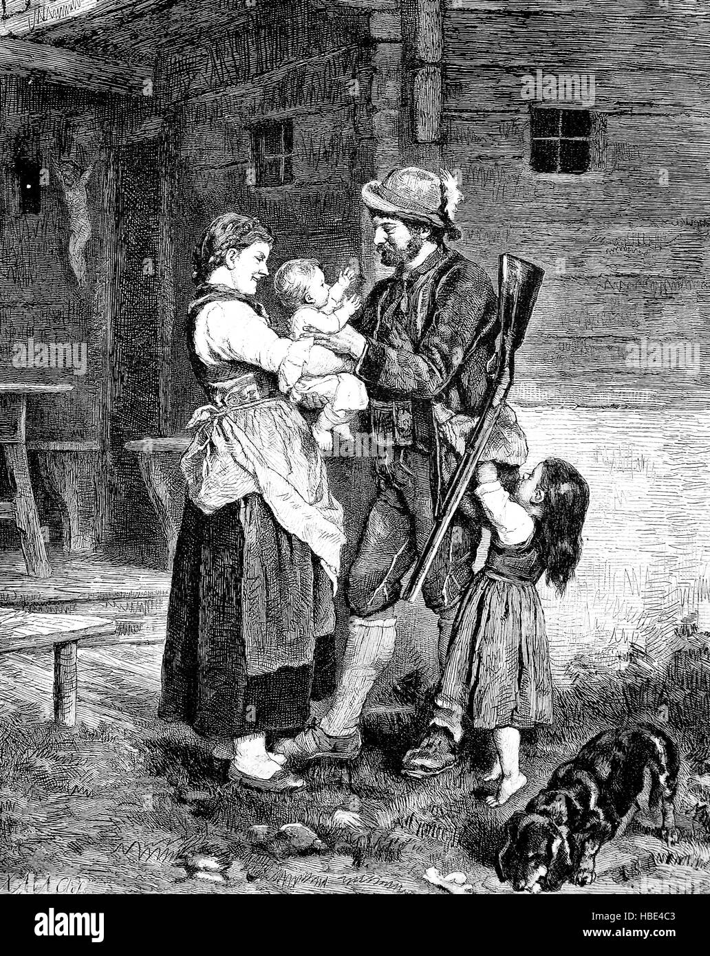 Happy homecoming of the hunter to wife and family, illustration, woodcut from 1880 Stock Photo