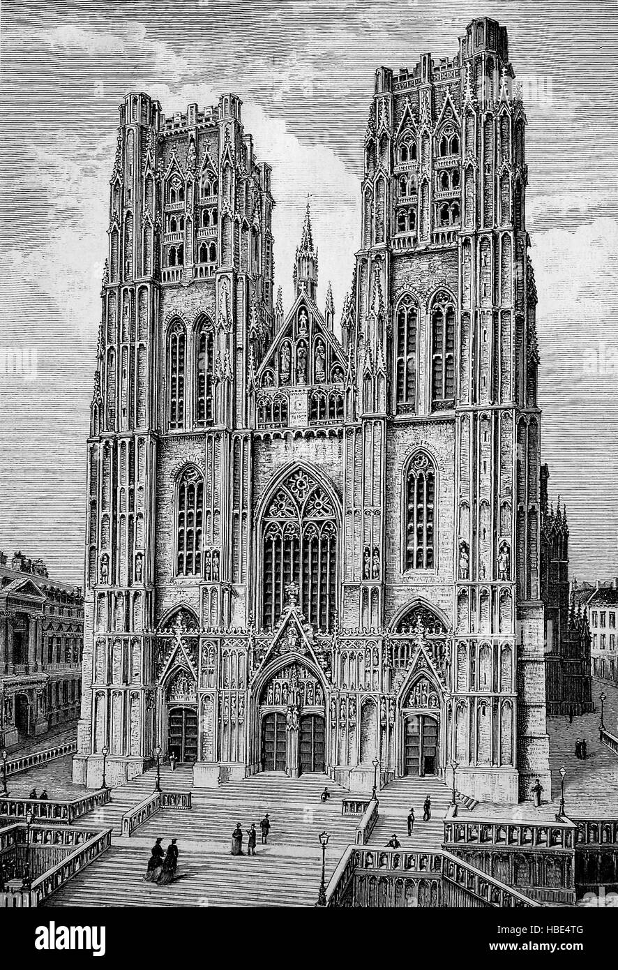 The Cathedral of St. Michael and St. Gudula is a Roman Catholic church in Brussels, Belgium, illustration, woodcut from 1880 Stock Photo