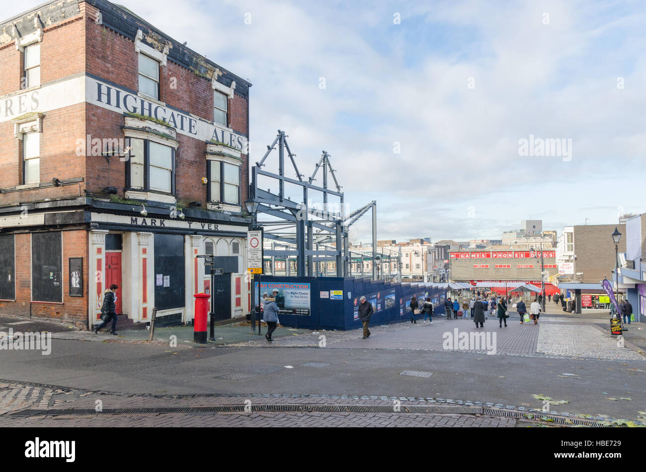 Metal framework being assembled for a new development in High Street, Walsall town centre Stock Photo