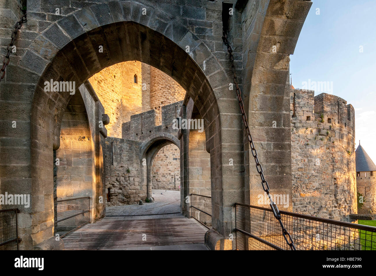 Entrance to the medieval city of Carcassonne in Aude, highlighting ancient architecture and history, Occitanie, France, Europe Stock Photo