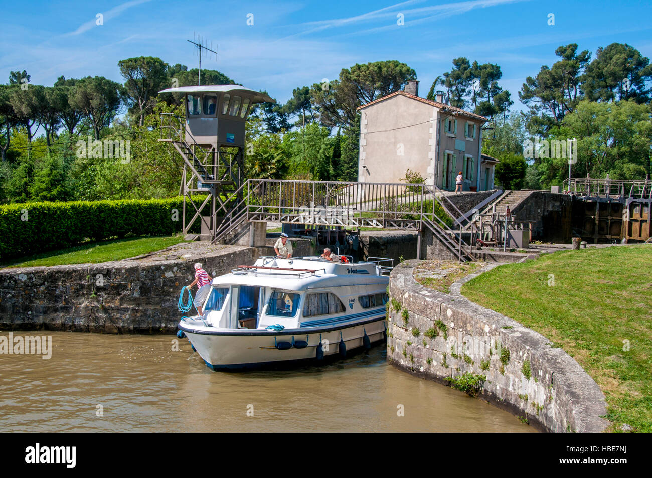 Navigation on the Canal du Midi listed as World Heritage by UNESCO, between Carcassonne and Toulouse, Occitanie, France, Europe Stock Photo