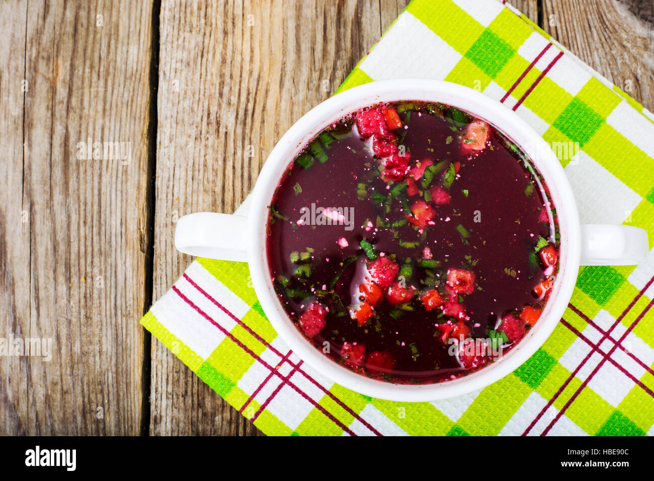 Vegetable soup with beets and croutons Stock Photo - Alamy